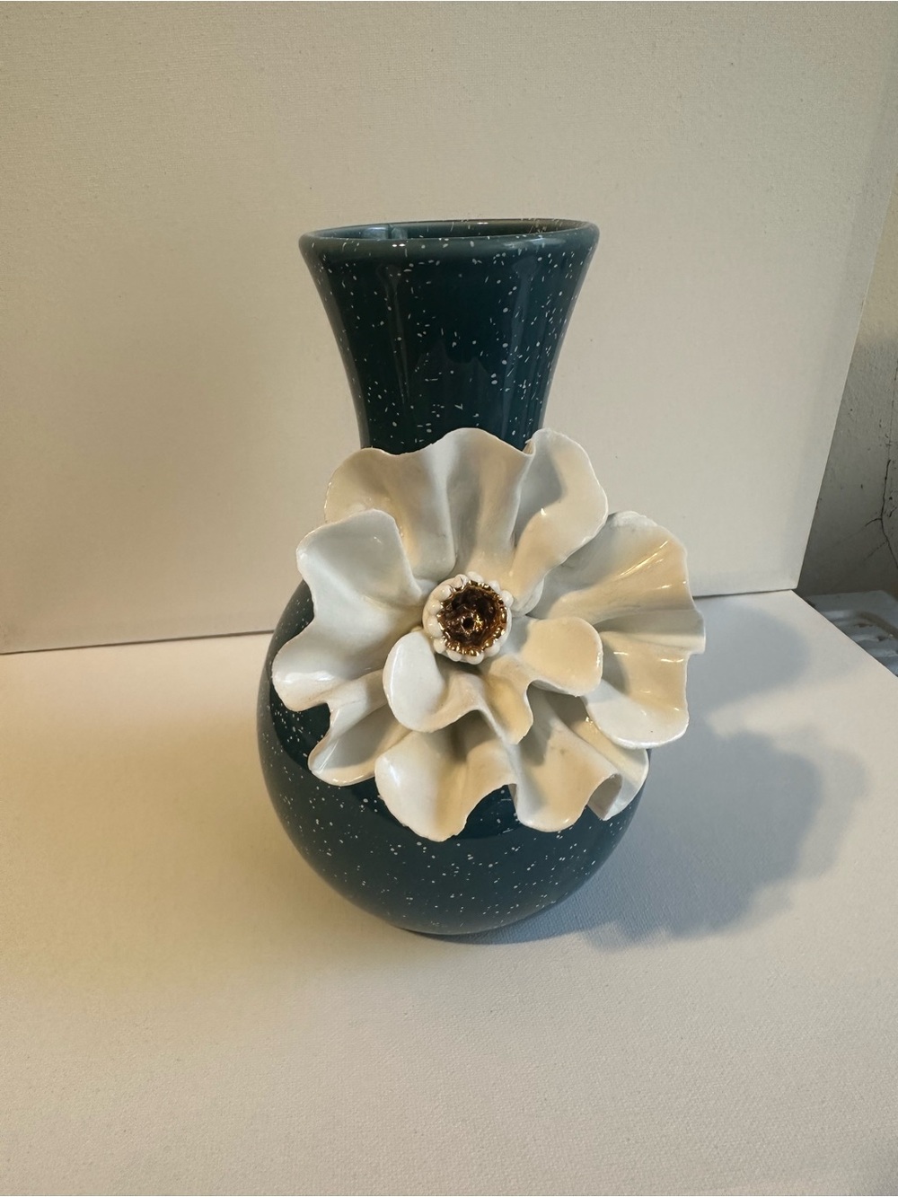 Anthropologie Speckled Teal Ceramic Vase with White Floral Accent